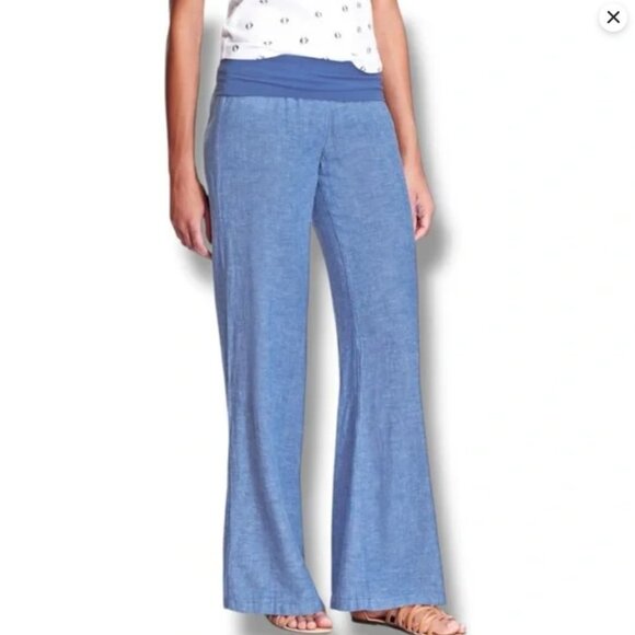 Old Navy Size Medium Linen Wide Leg Fold Over Waist Panel Blue Pants- NWT - Picture 1 of 10